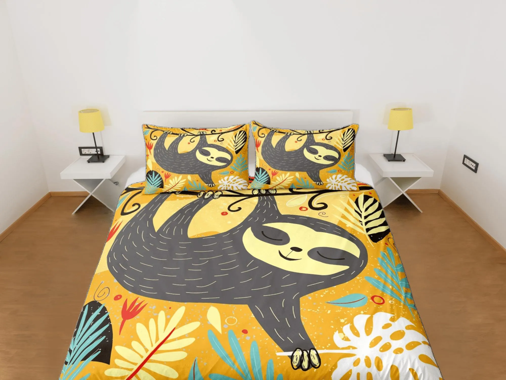 Cute Sloth Yellow Duvet Cover Set Colorful Bedspread, Kids Full Bedding Set with Pillowcase, Comforter Cover Twin