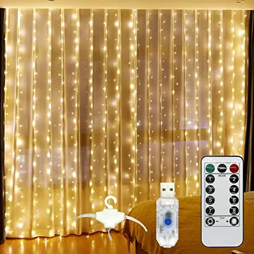 DAYBETTER Curtain Fairy Lights, Curtain Lights for Bedroom, 300 LED Window Curtain String Light Wedding Party Home Garden Outdoor Indoor Wall Christmas Decorations(Warm White,2 Pack)