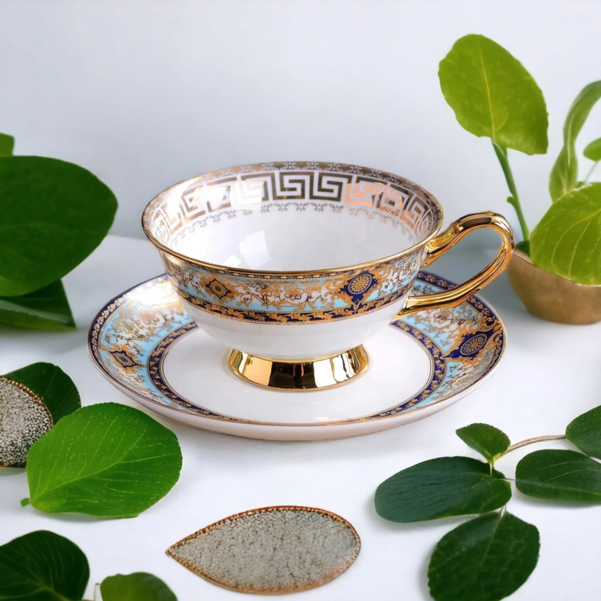 Designer 'Bone China’ Tea/Coffee Cup & Saucer - European Masters Classic Design with Gilded Gold Emphasis.