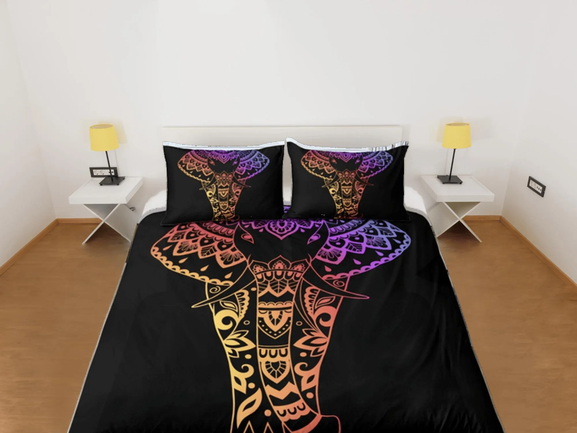 Elephant Black Duvet Cover Set Boho Bedspread, Bohemian Dorm Bedding & Pillowcase