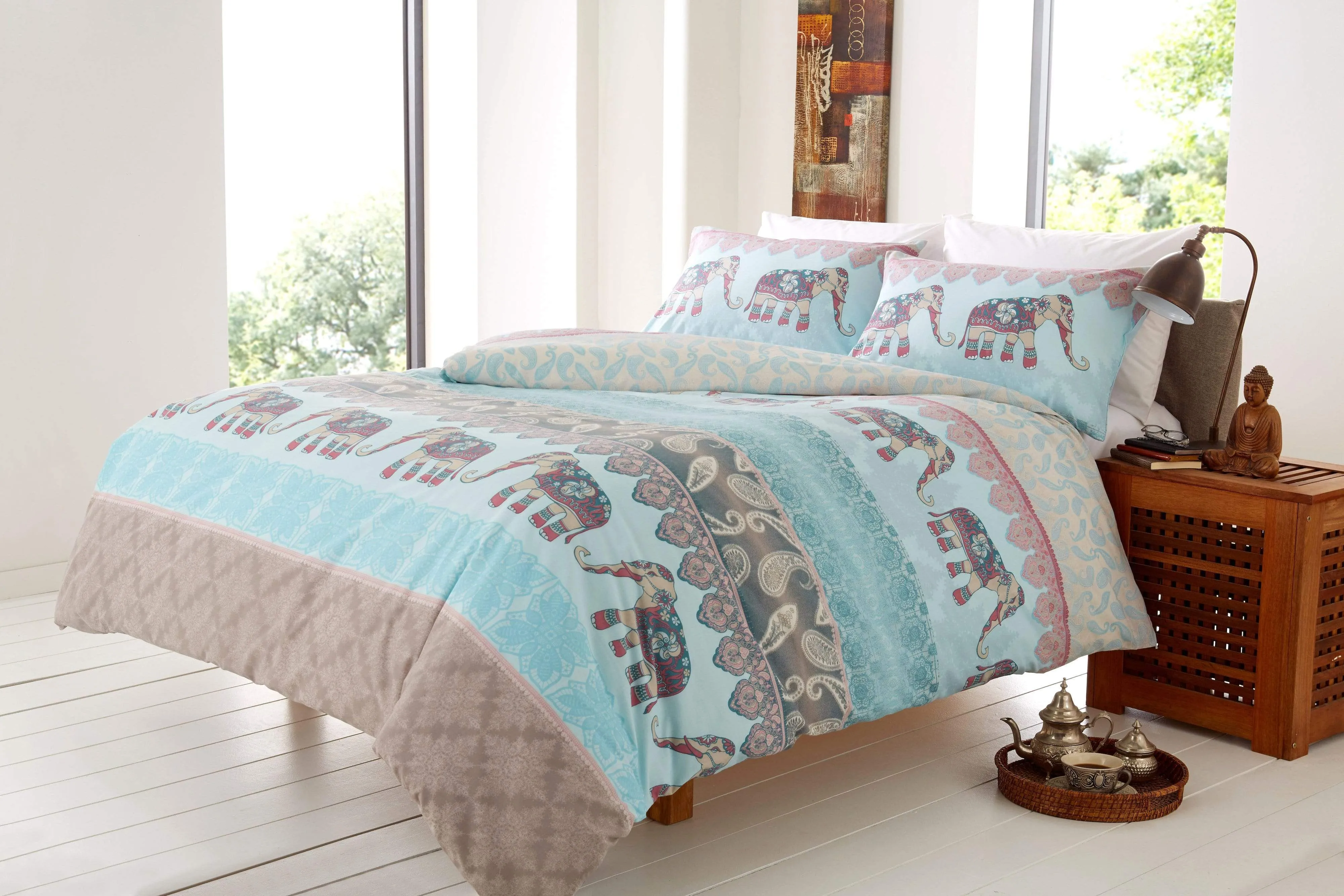 Elly Duvet Set Luxury Cotton Rich Indian Elephant Design Bedding in Bold Colours Available in Single Double King Super King by OLIVIA ROCCO