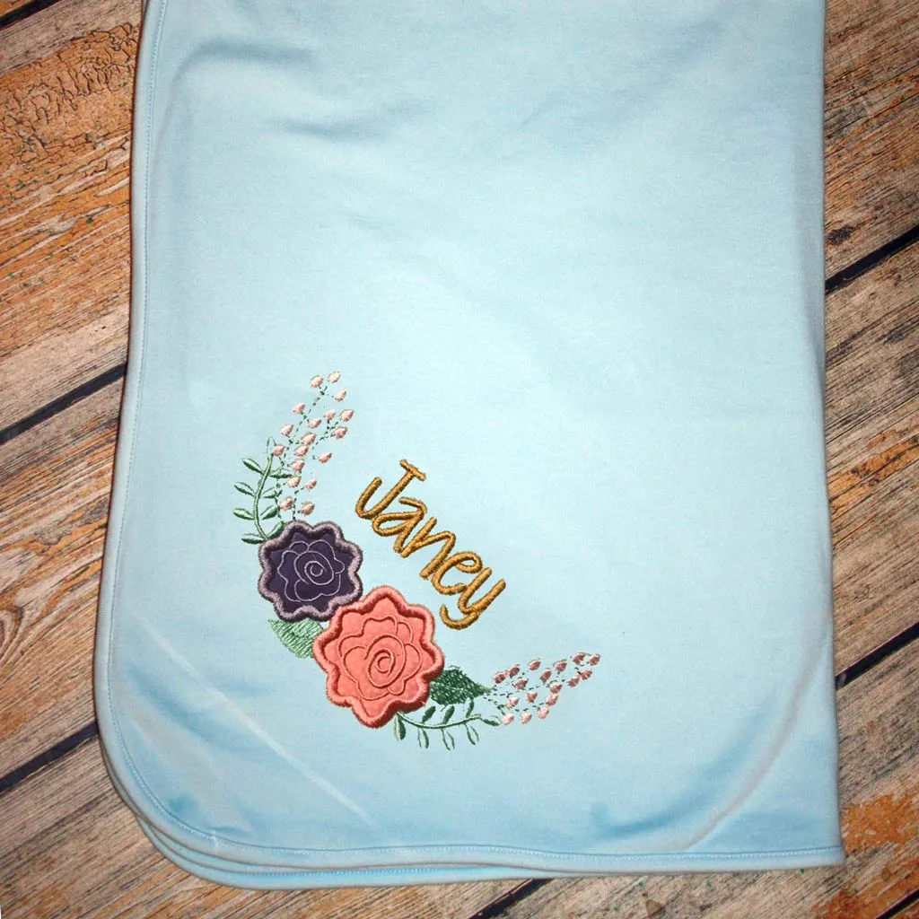 Embroidered Flower Swag & Name Baby Blanket