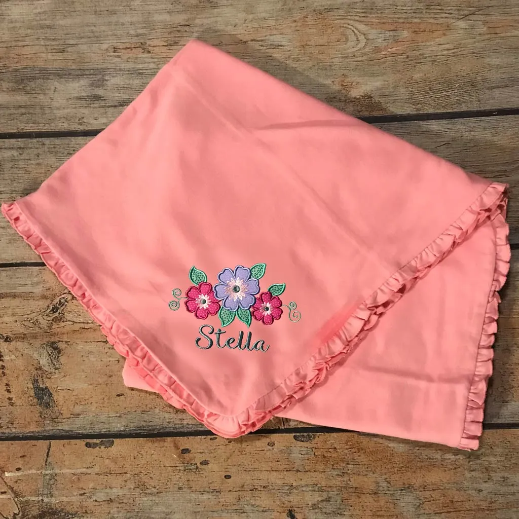 Embroidered Flower Swag & Name Baby Blanket