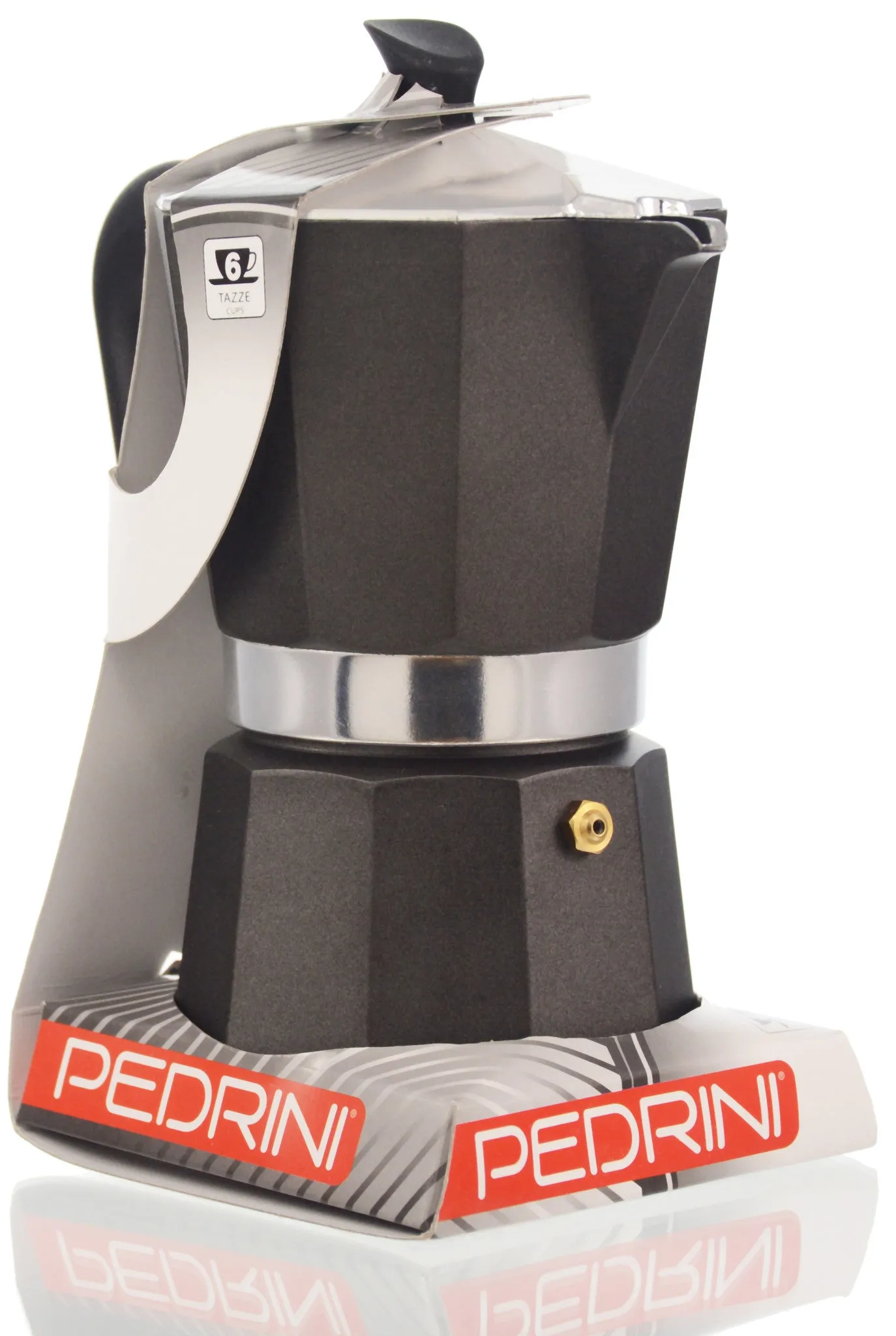 Espresso Coffee Maker Moka Pot: PEDRINI ITALY Polished Aluminium Stovetop Espresso Maker- Black, available in 4 sizes