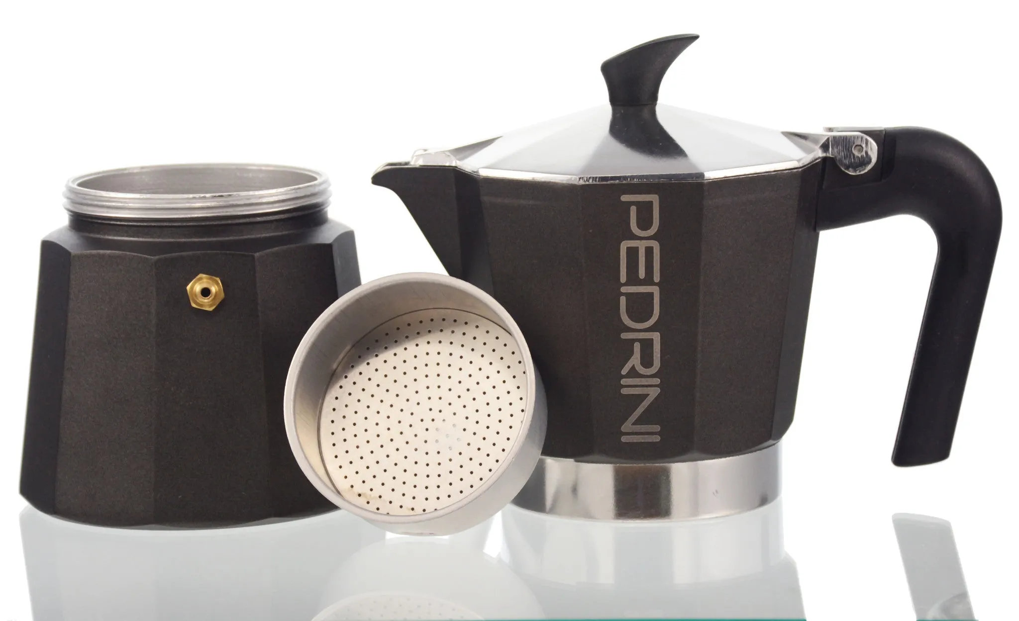 Espresso Coffee Maker Moka Pot: PEDRINI ITALY Polished Aluminium Stovetop Espresso Maker- Black, available in 4 sizes