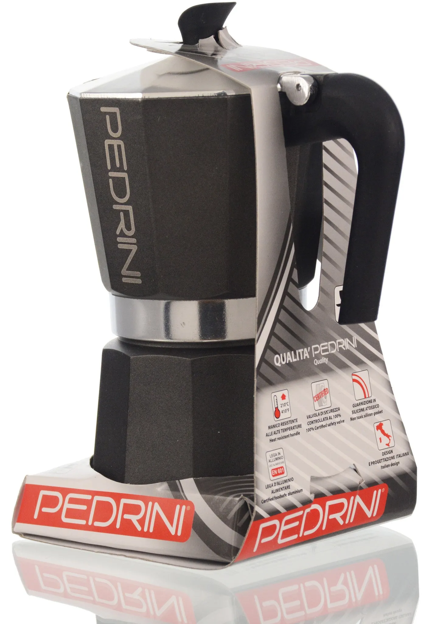 Espresso Coffee Maker Moka Pot: PEDRINI ITALY Polished Aluminium Stovetop Espresso Maker- Black, available in 4 sizes