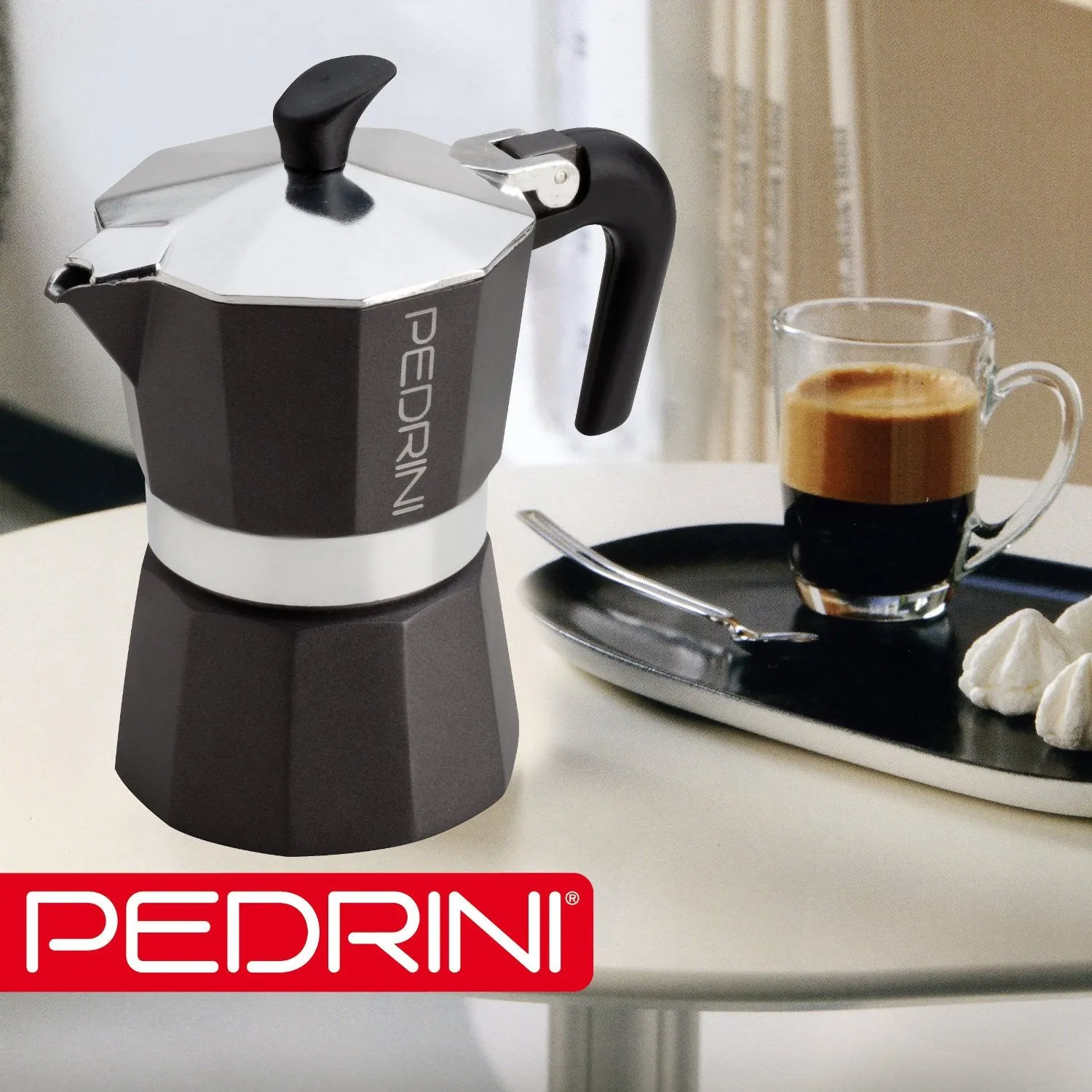 Espresso Coffee Maker Moka Pot: PEDRINI ITALY Polished Aluminium Stovetop Espresso Maker- Black, available in 4 sizes