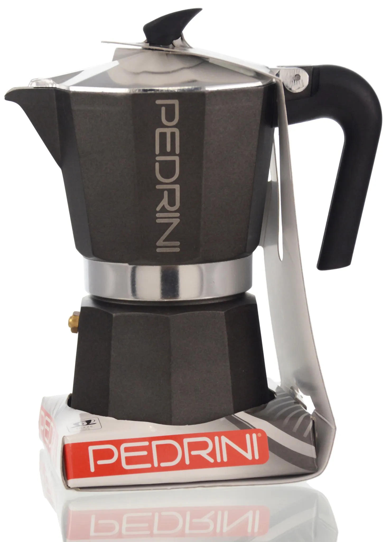 Espresso Coffee Maker Moka Pot: PEDRINI ITALY Polished Aluminium Stovetop Espresso Maker- Black, available in 4 sizes