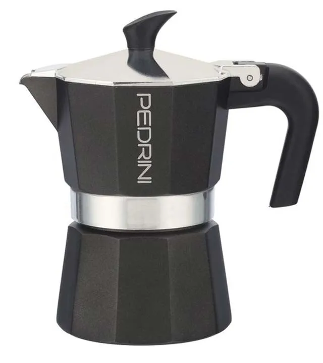 Espresso Coffee Maker Moka Pot: PEDRINI ITALY Polished Aluminium Stovetop Espresso Maker- Black, available in 4 sizes