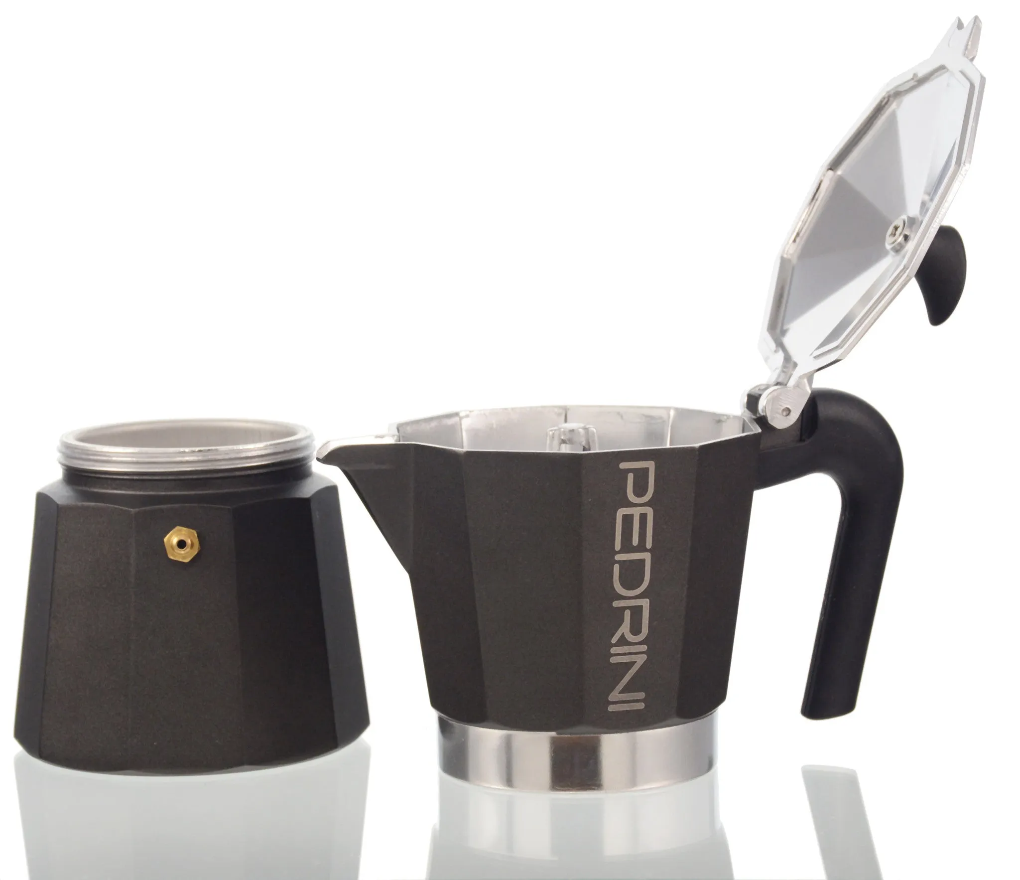 Espresso Coffee Maker Moka Pot: PEDRINI ITALY Polished Aluminium Stovetop Espresso Maker- Black, available in 4 sizes