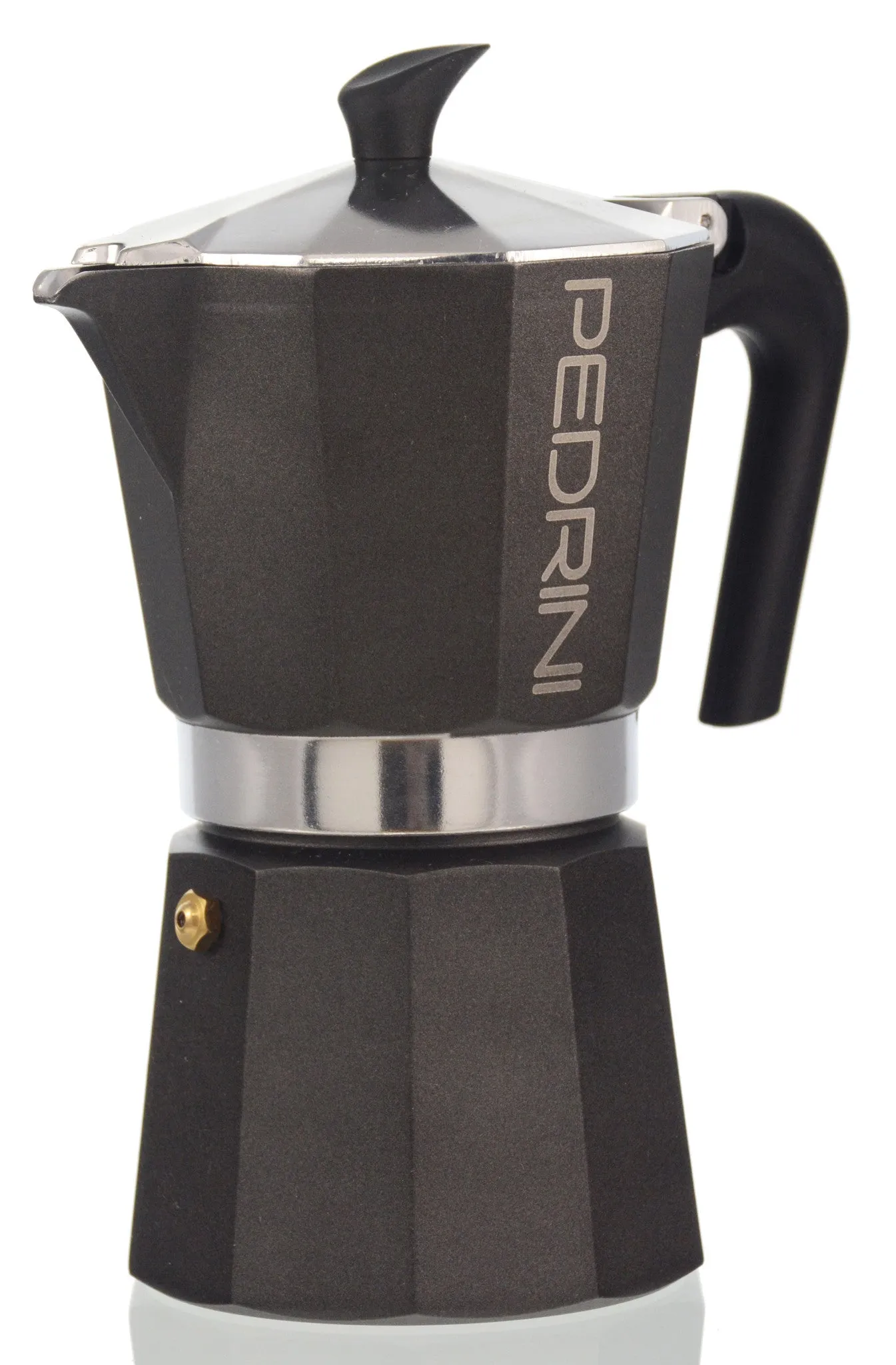 Espresso Coffee Maker Moka Pot: PEDRINI ITALY Polished Aluminium Stovetop Espresso Maker- Black, available in 4 sizes