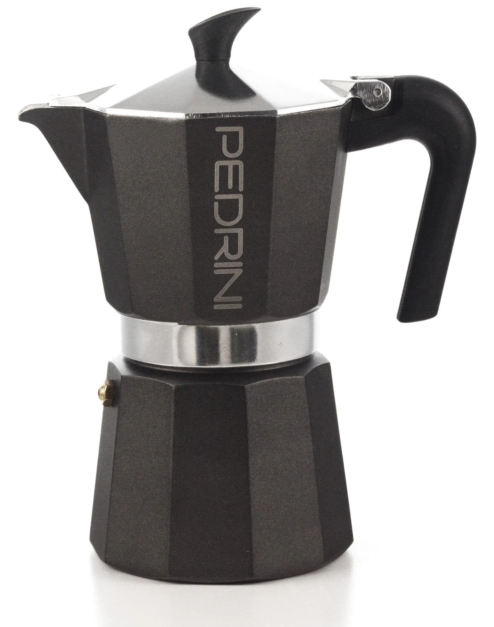 Espresso Coffee Maker Moka Pot: PEDRINI ITALY Polished Aluminium Stovetop Espresso Maker- Black, available in 4 sizes