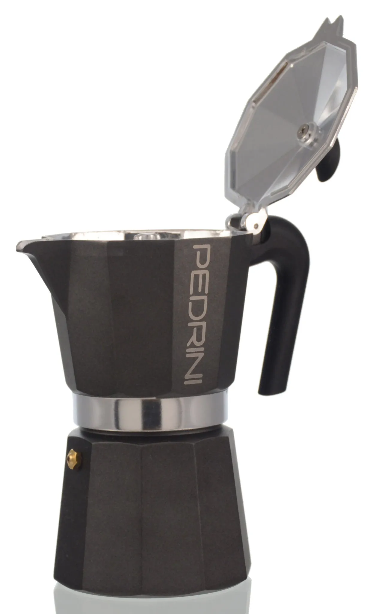 Espresso Coffee Maker Moka Pot: PEDRINI ITALY Polished Aluminium Stovetop Espresso Maker- Black, available in 4 sizes