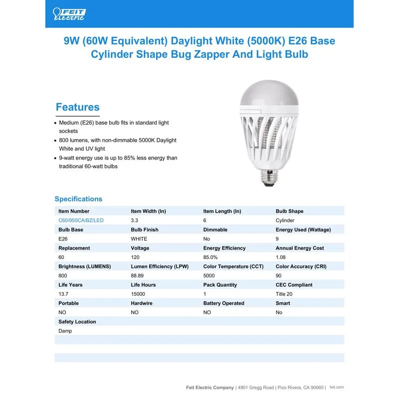 Feit LED Specialty A19 E26 (Medium) LED Bug Zapper Bulb Daylight 60 Watt Equivalence 1 pk