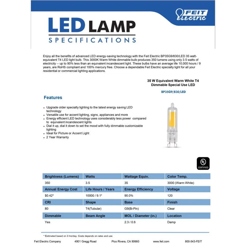 Feit T4 G9 LED Bulb Warm White 35 Watt Equivalence 1 pk