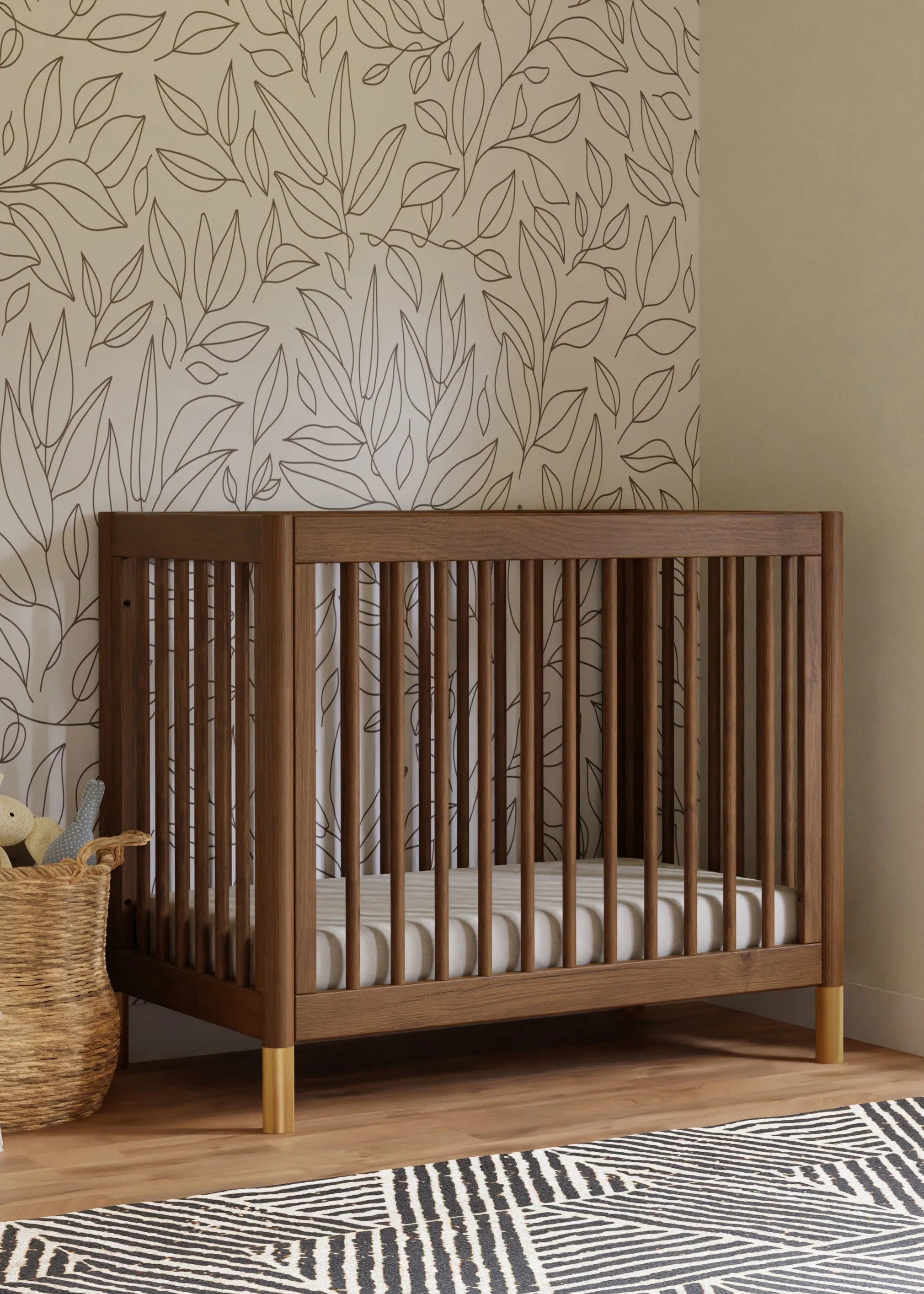 GELATO 4-IN-1 CONVERTIBLE MINI CRIB - NATURAL WALNUT AND GOLD FEET