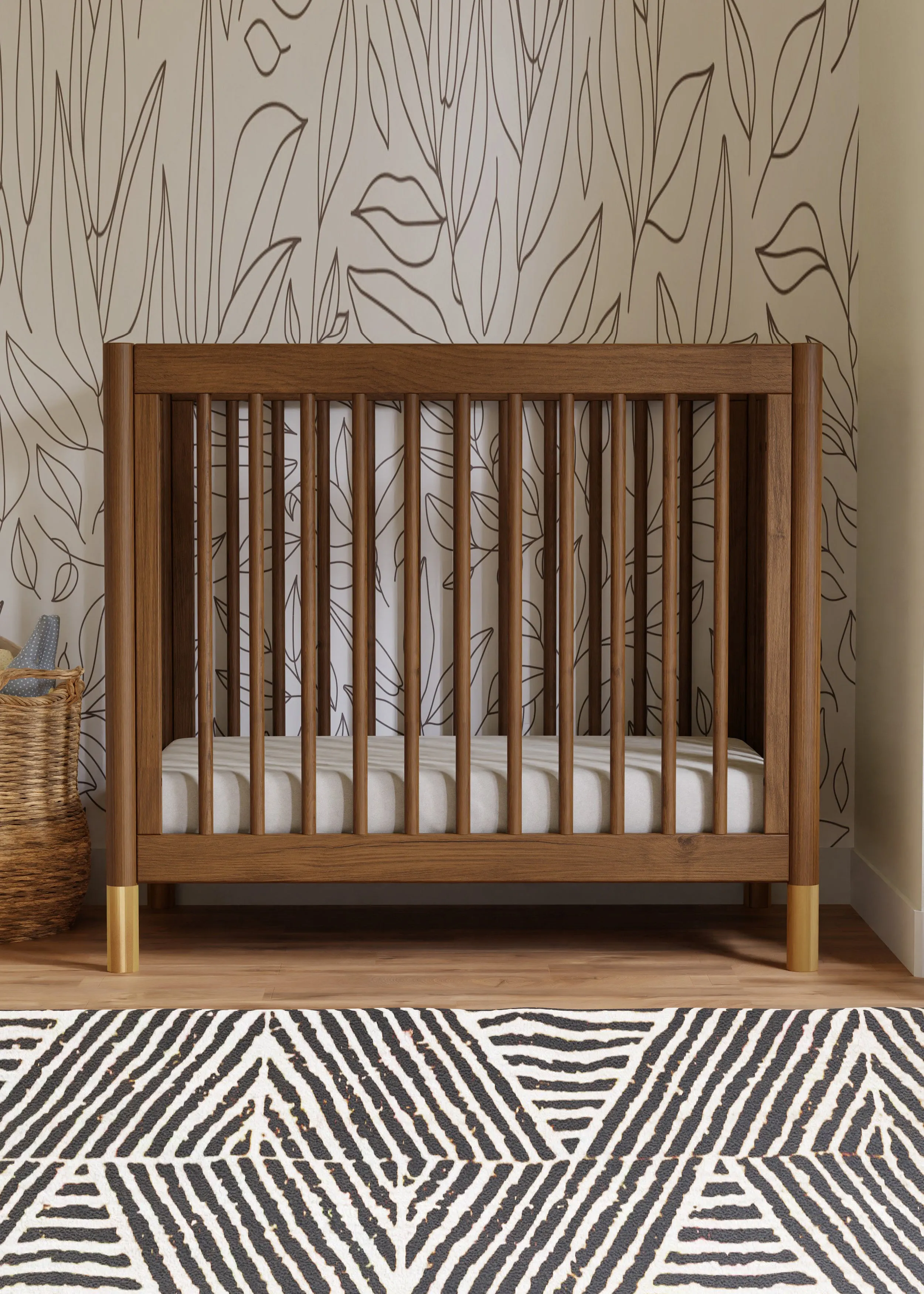 GELATO 4-IN-1 CONVERTIBLE MINI CRIB - NATURAL WALNUT AND GOLD FEET