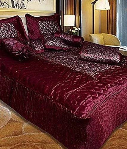 Generic Silk Luxury Gold Printed King Size Double Bed ???Wedding Bedding Bedsheet Set with 2 Pillow Cover, 2 Cushions, 2 Filled Bolsters & 1 AC Comfortar for Home & Living Room (Maroon)