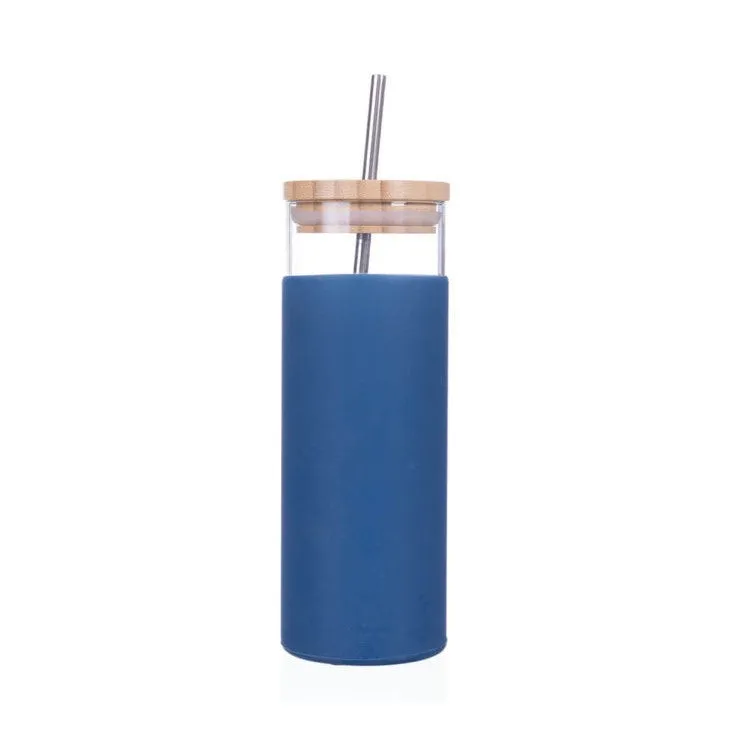 Glass Drinking Bottle 450ml Silicone Grip with Bamboo Lid and Stainless Steel Straw 27143