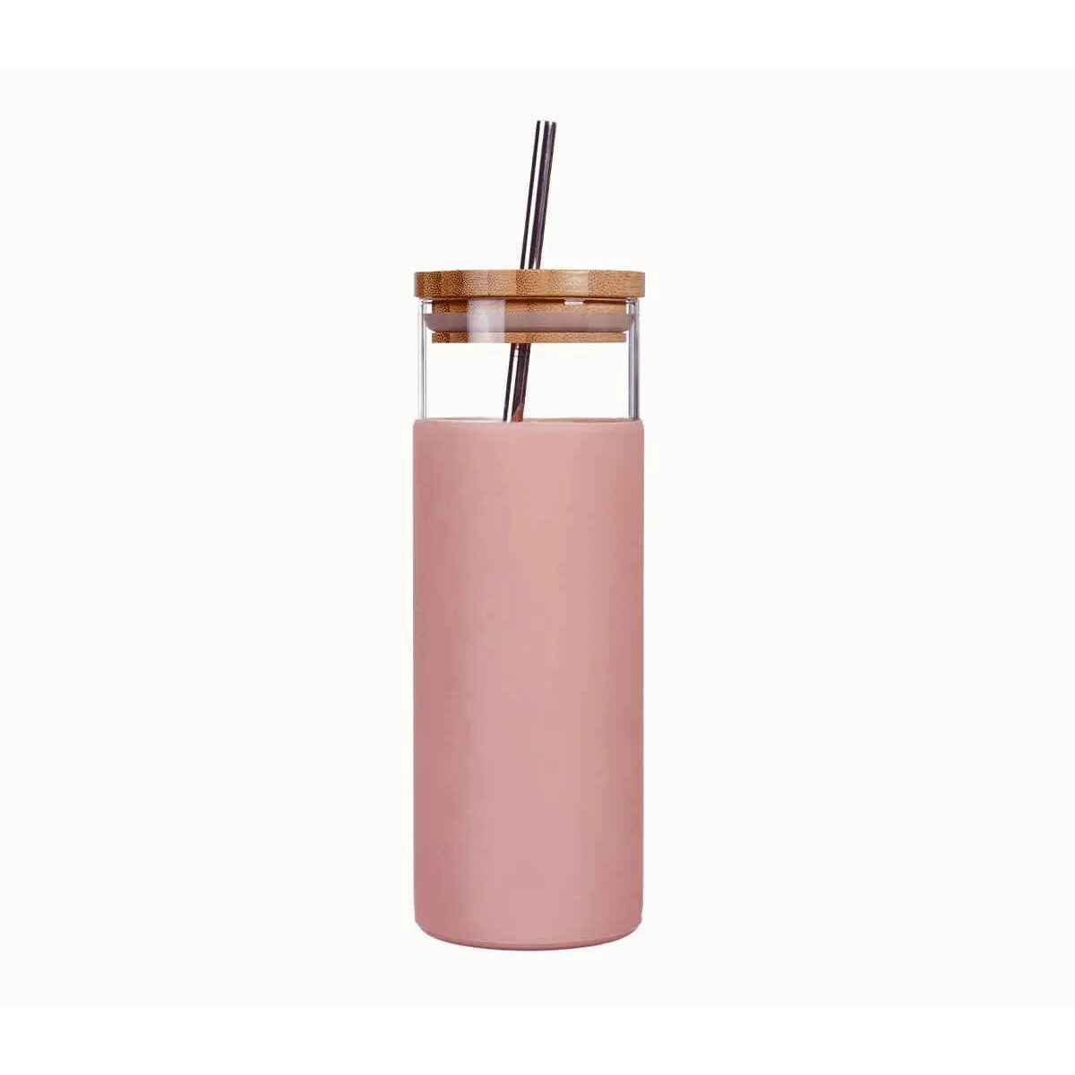 Glass Drinking Bottle 450ml Silicone Grip with Bamboo Lid and Stainless Steel Straw 27143