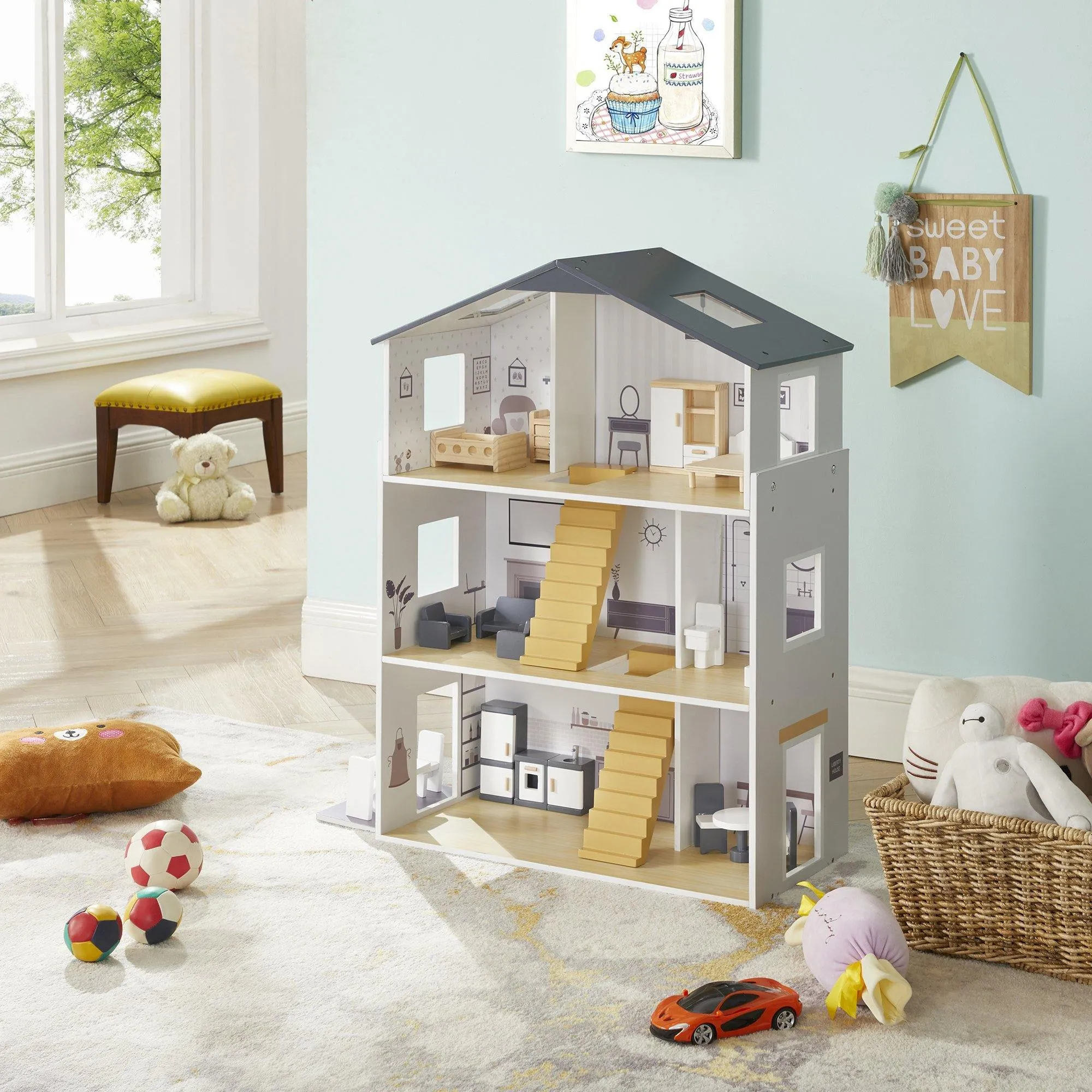 Grey Dolls House with Furniture & Accessories