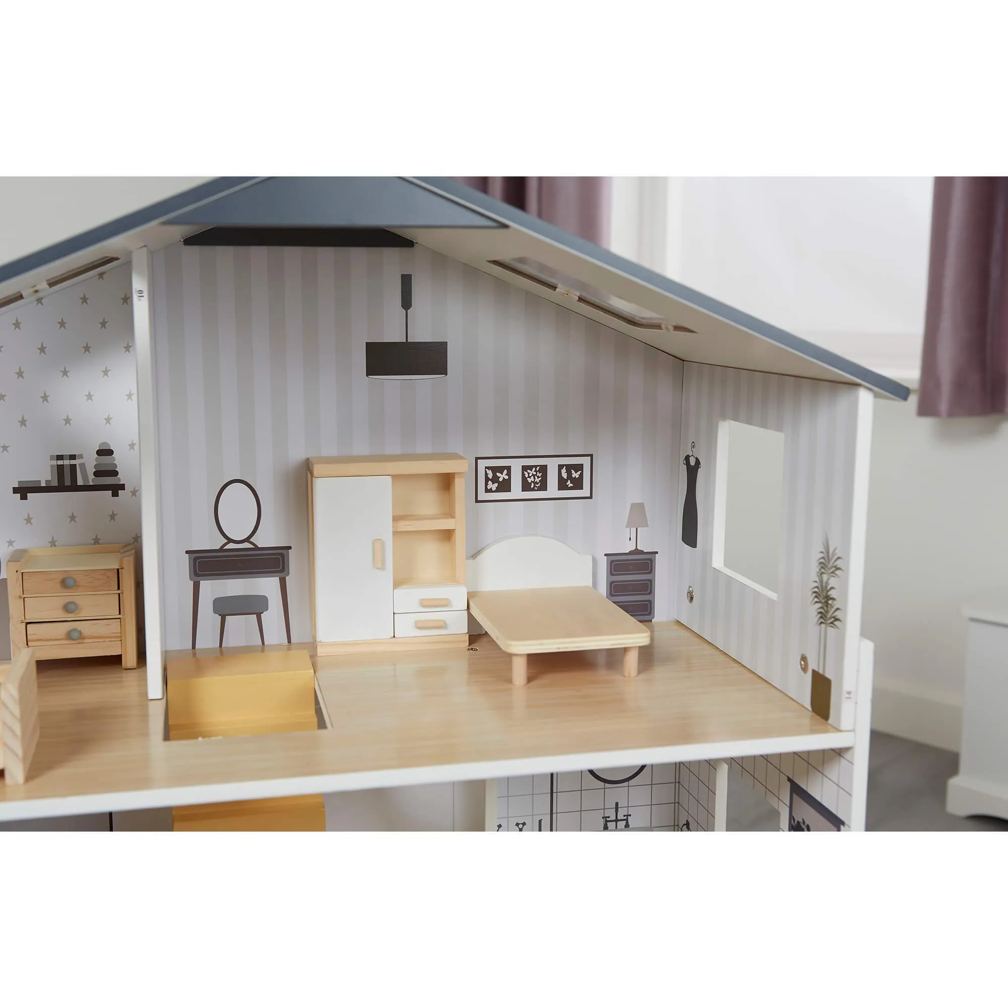 Grey Dolls House with Furniture & Accessories