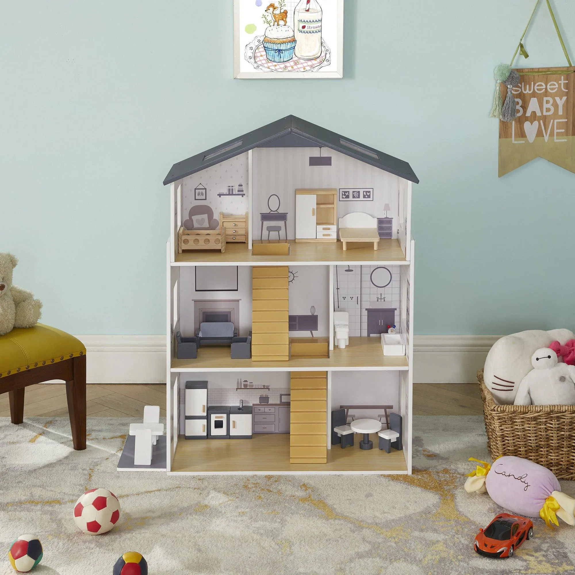 Grey Dolls House with Furniture & Accessories