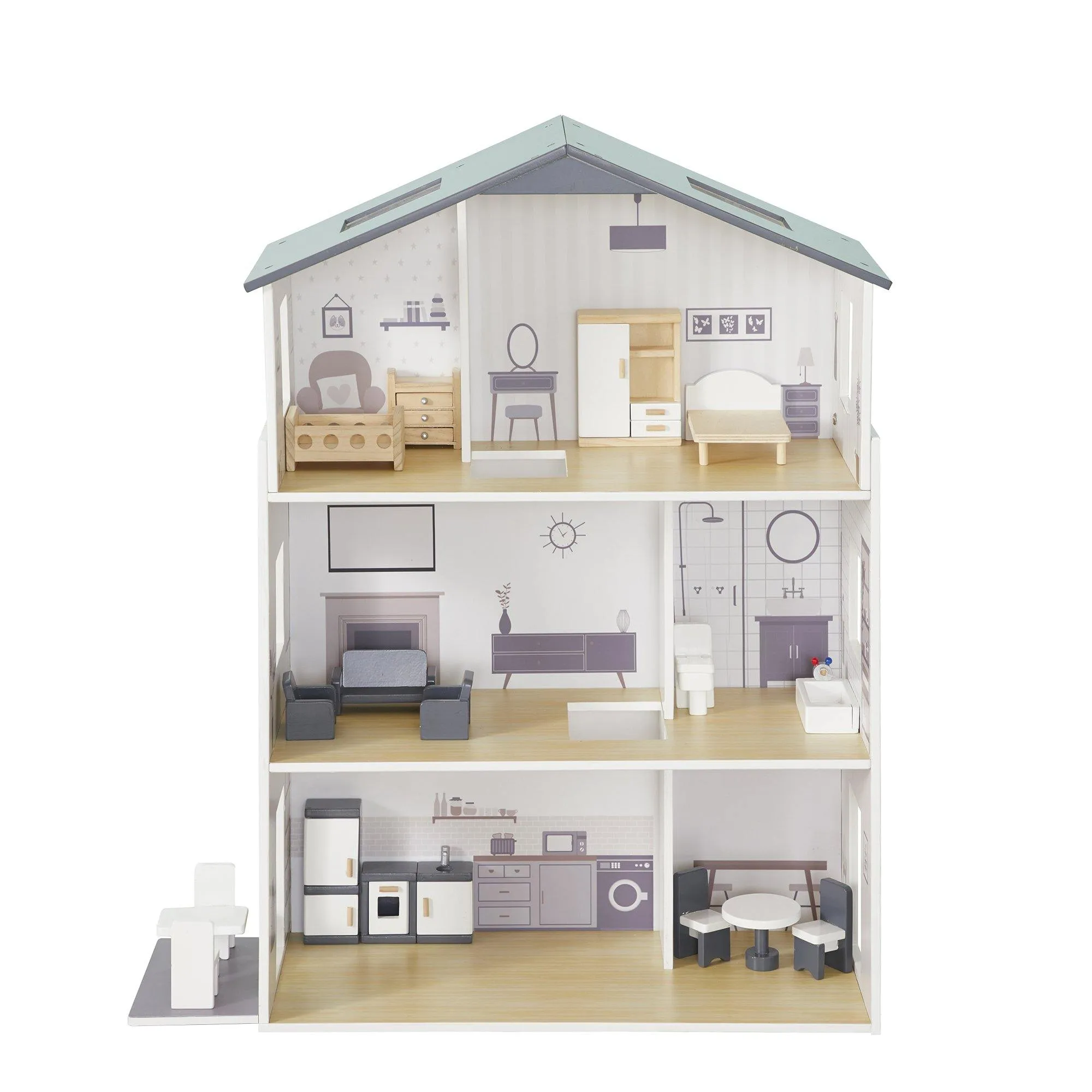 Grey Dolls House with Furniture & Accessories