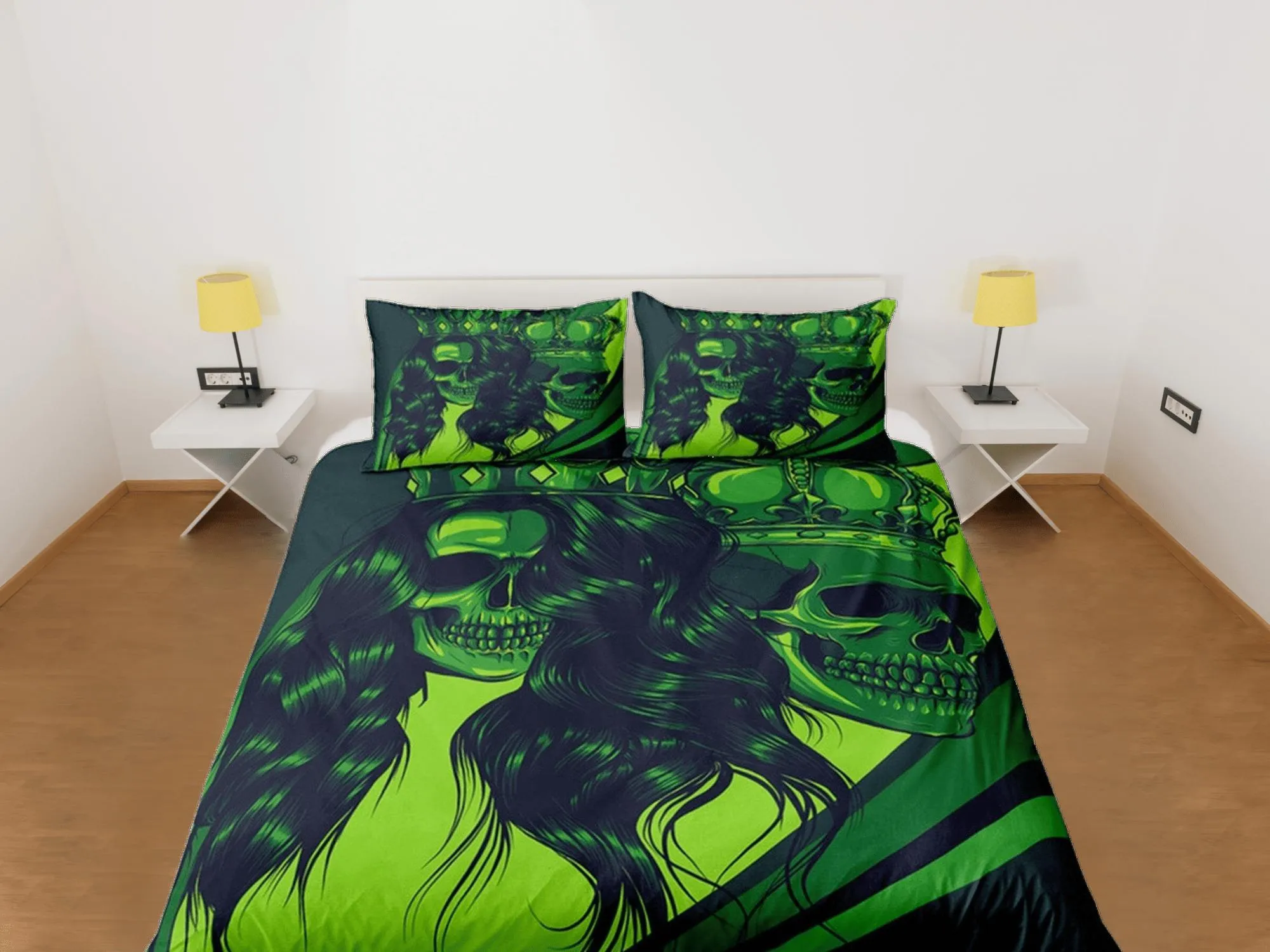 Halloween Bedding Gangster Skull Green Duvet Cover Set Bedspread, Dorm Bedding with Pillowcase, Halloween Gift Teens Kids Adults