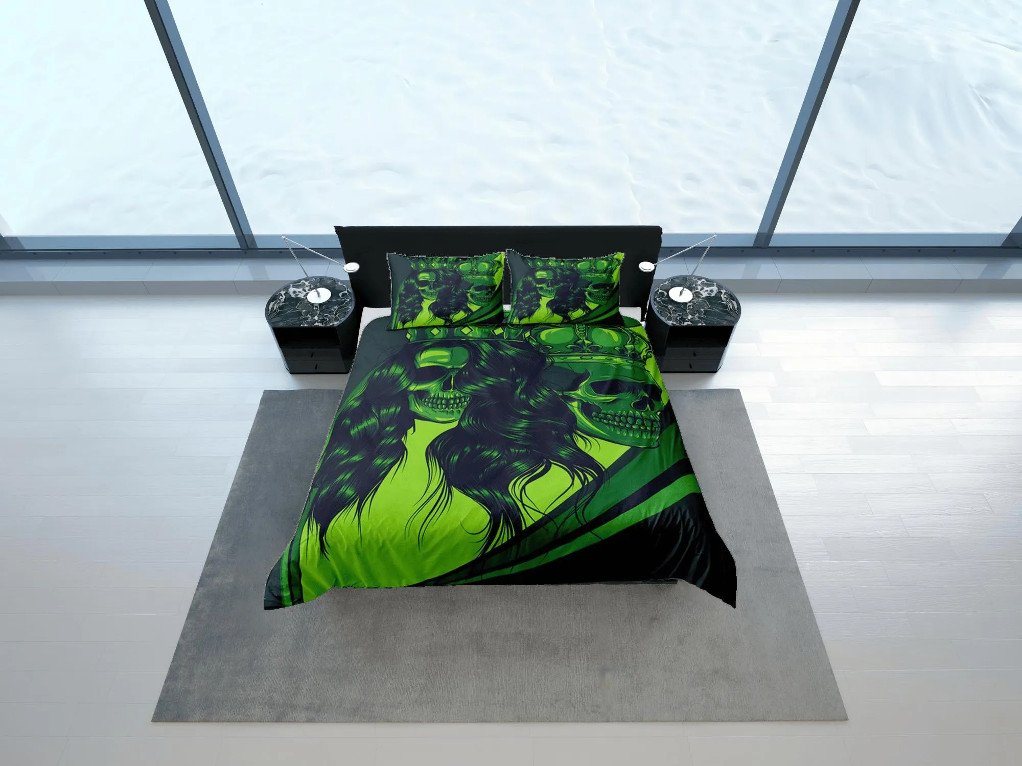 Halloween Bedding Gangster Skull Green Duvet Cover Set Bedspread, Dorm Bedding with Pillowcase, Halloween Gift Teens Kids Adults