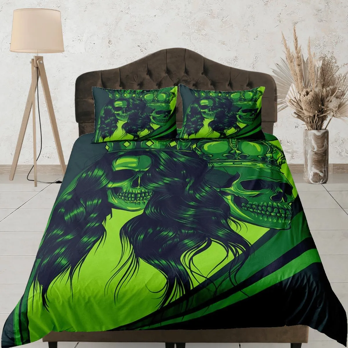 Halloween Bedding Gangster Skull Green Duvet Cover Set Bedspread, Dorm Bedding with Pillowcase, Halloween Gift Teens Kids Adults