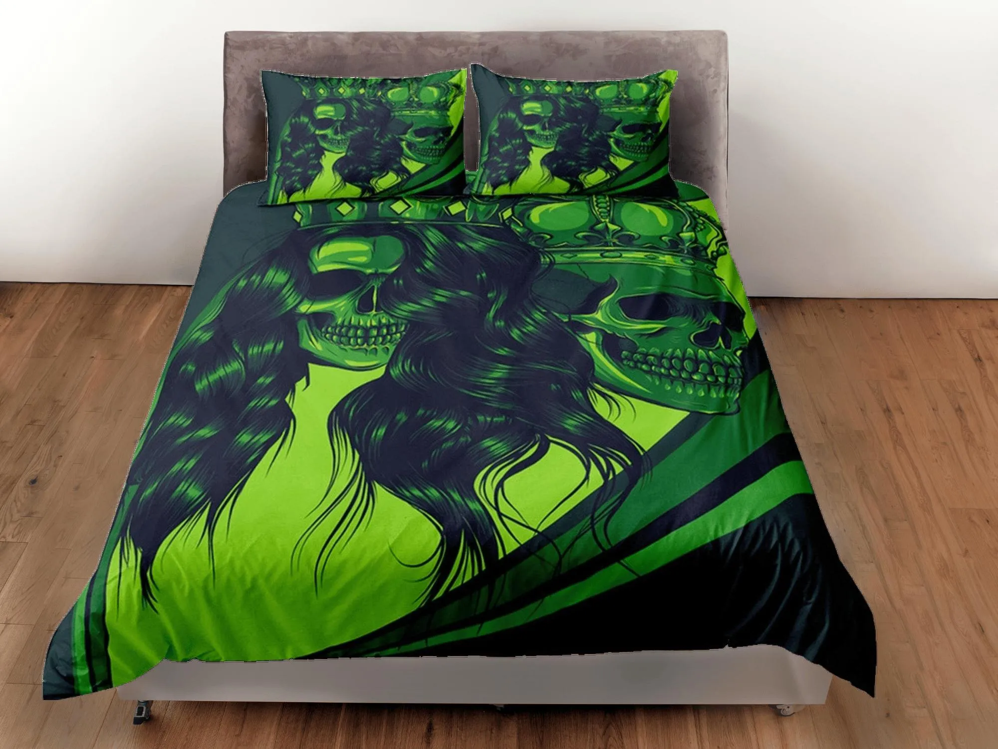 Halloween Bedding Gangster Skull Green Duvet Cover Set Bedspread, Dorm Bedding with Pillowcase, Halloween Gift Teens Kids Adults