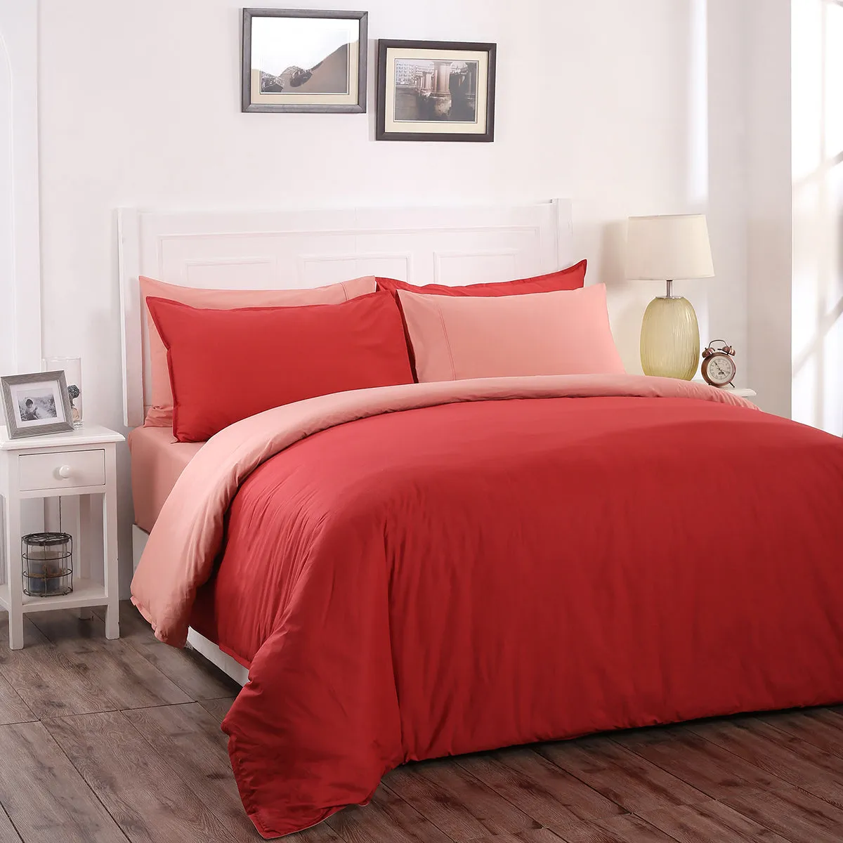 Hannah Percale 100% Cotton Reversible Easy Care Lacquer Red/Peach Blossom Duvet Cover with Pillow Case