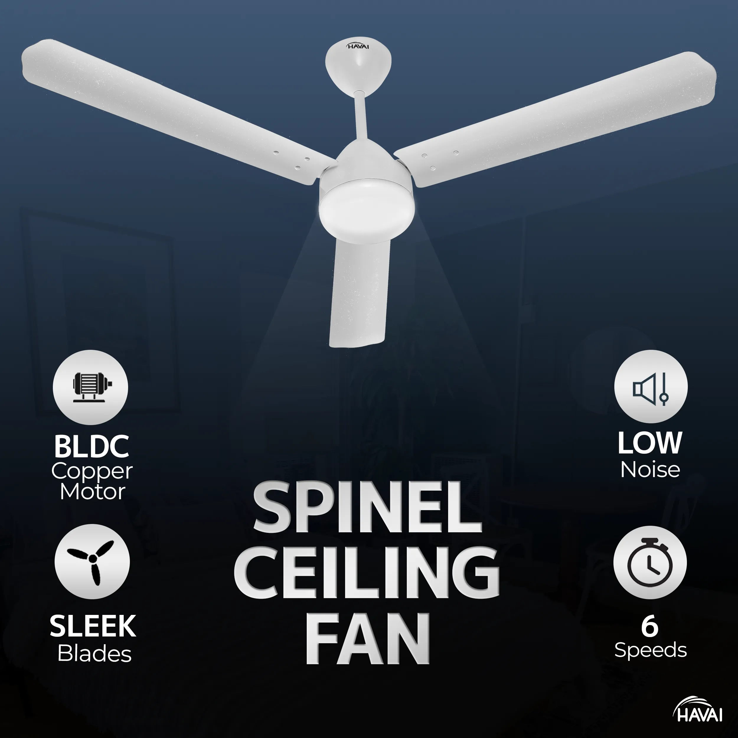 HAVAI Spinel BLDC Ceiling Fan 28W, 1200mm Blade with Remote - Pearl White,0.5W LED