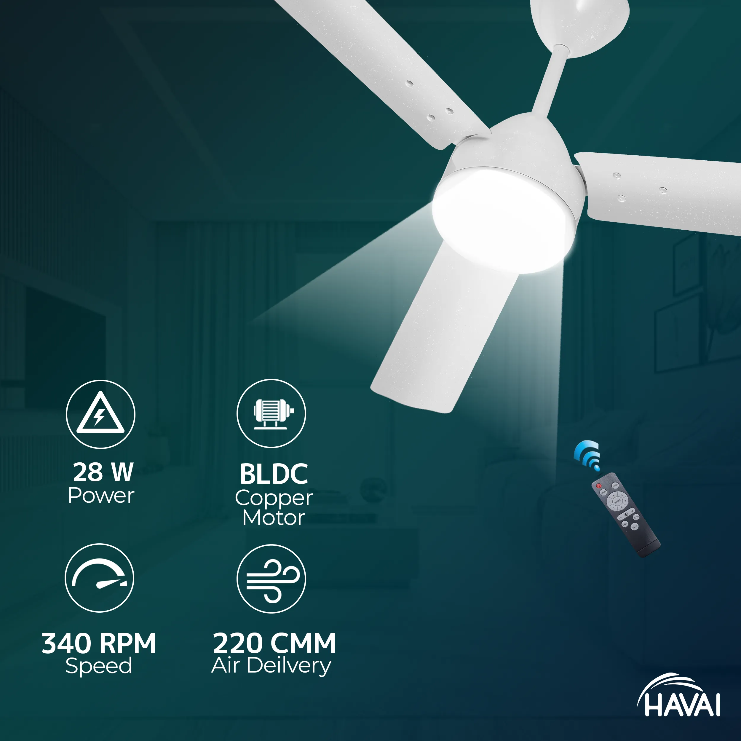 HAVAI Spinel BLDC Ceiling Fan 28W, 1200mm Blade with Remote - Pearl White,9W LED Light