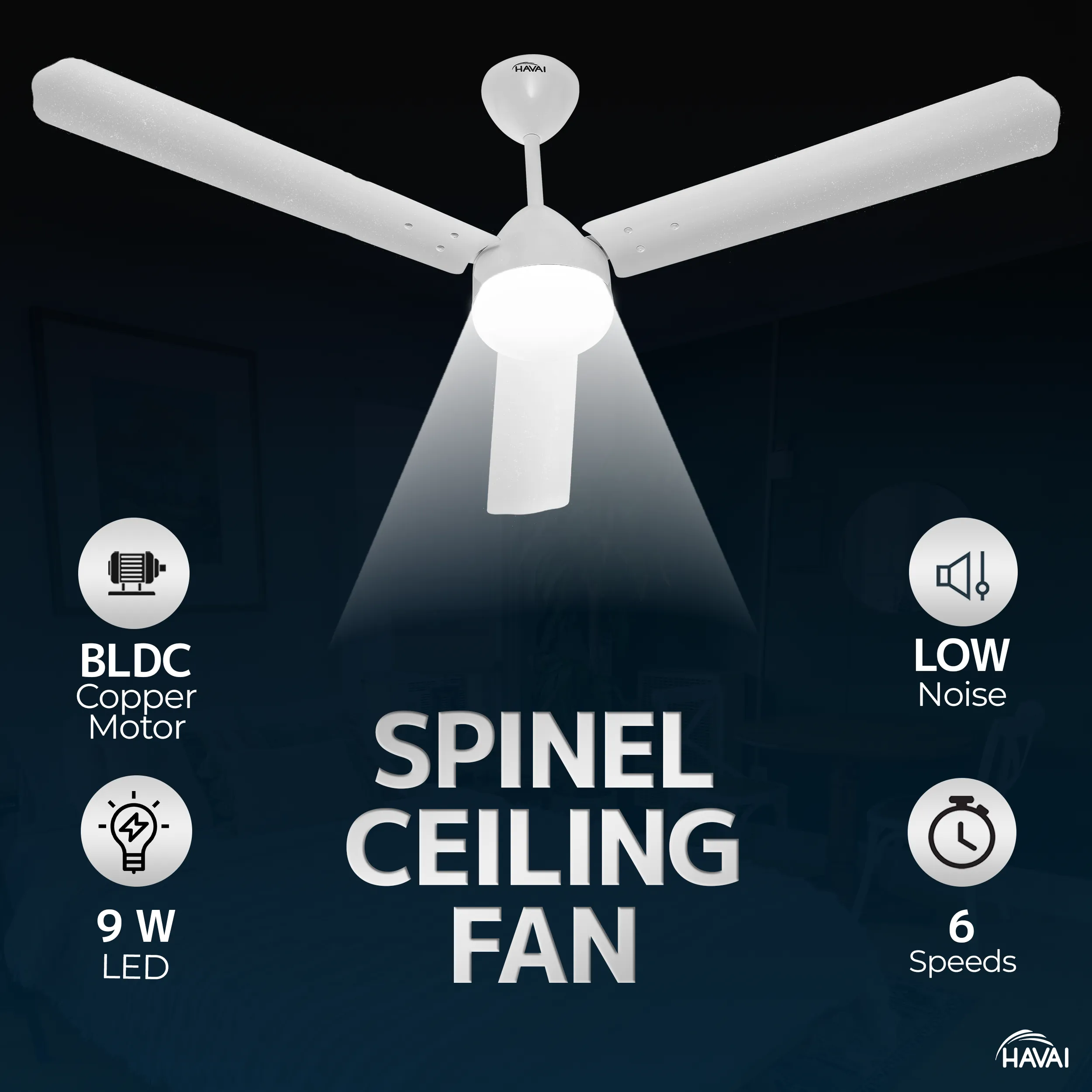 HAVAI Spinel BLDC Ceiling Fan 28W, 1200mm Blade with Remote - Pearl White,9W LED Light