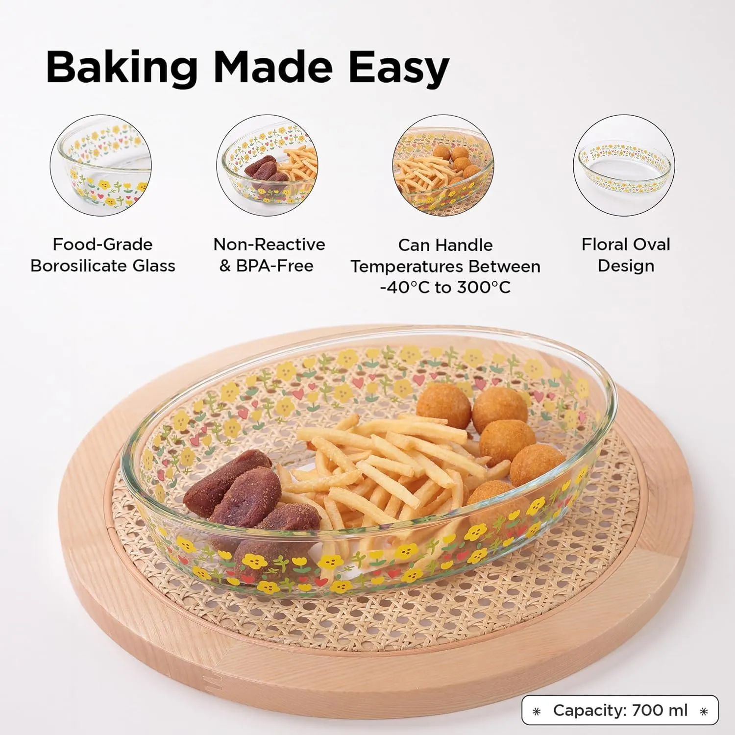 Homestic 700 ml Borosilicate Printed Glass Baking Tray | Transparent Microwave Oven Safe Utensils | Oval Bread Moulds for Baking | Dishwasher Safe | Multipurpose use Serving Tray