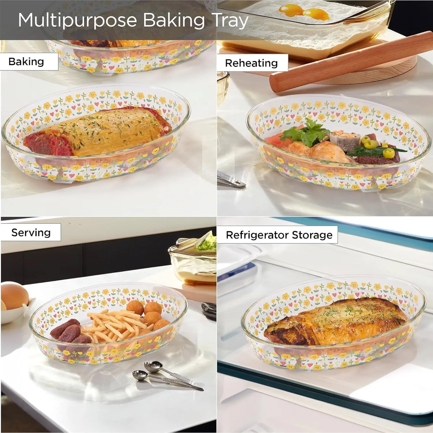 Homestic 700 ml Borosilicate Printed Glass Baking Tray | Transparent Microwave Oven Safe Utensils | Oval Bread Moulds for Baking | Dishwasher Safe | Multipurpose use Serving Tray