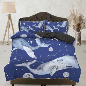 Humpback whale stars galaxy bedding duvet cover, ocean blush decor constellation celestial bedding set full king queen twin, dorm bedding