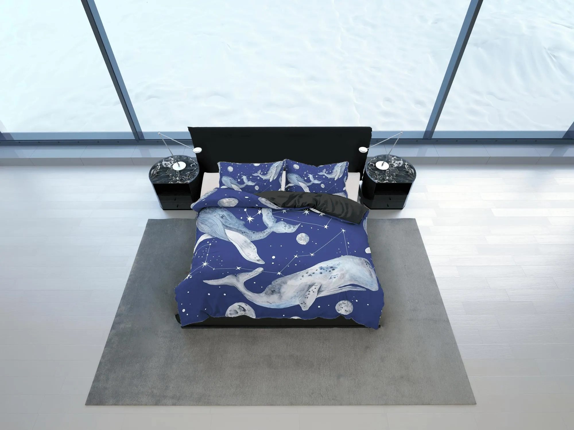 Humpback whale stars galaxy bedding duvet cover, ocean blush decor constellation celestial bedding set full king queen twin, dorm bedding