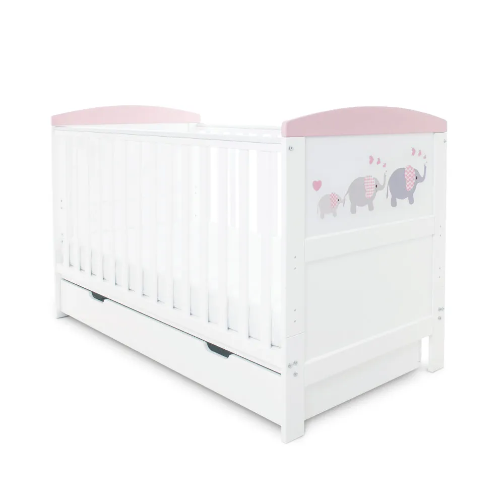 Ickle Bubba Coleby Style Cot Bed with Under Drawer - Elephant Love Pink