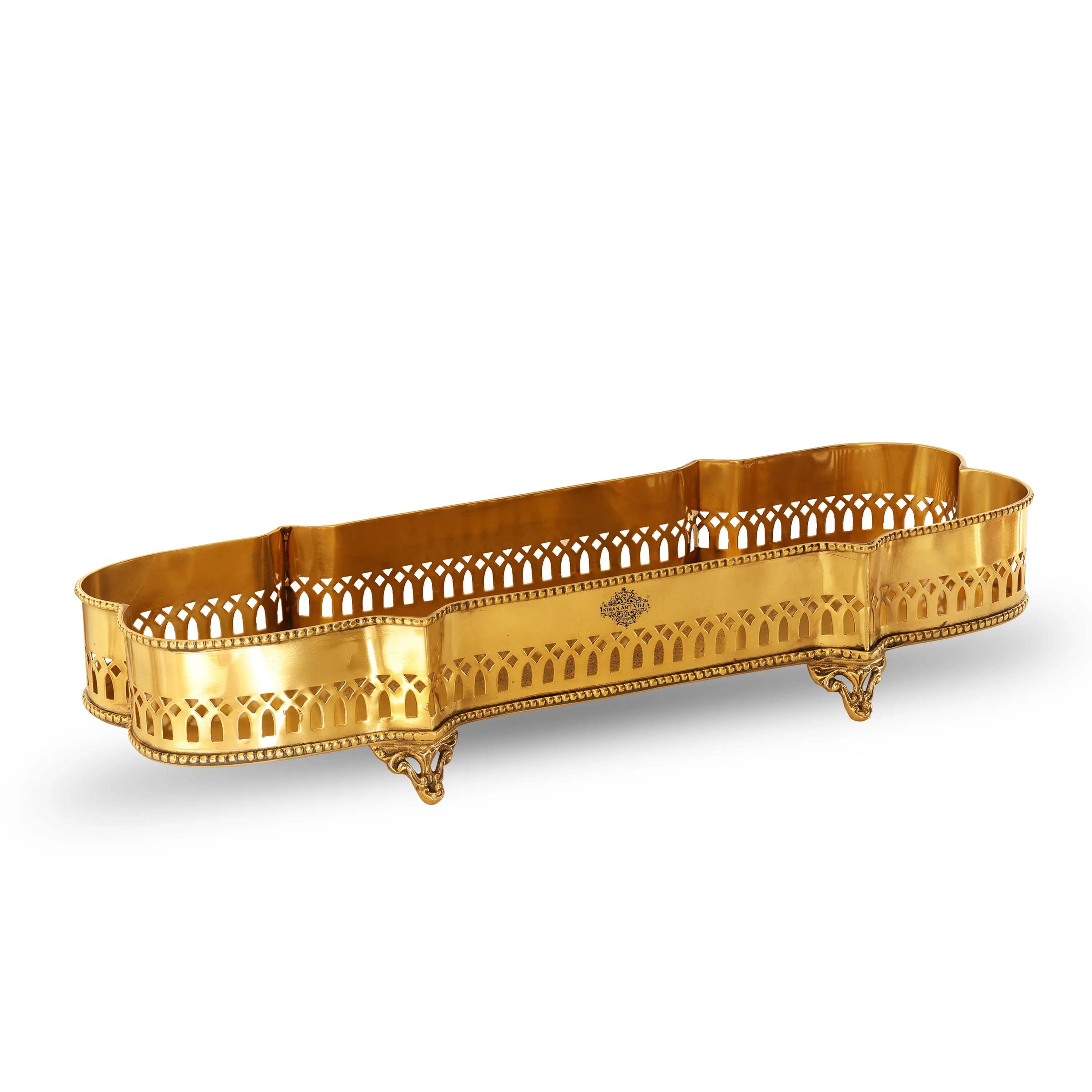 Indian Art Villa Brass Matt Finished Decorative Rectangular Shape Designer Tray 46.23 cmx16.26 cm With 4 Designer Standing Legs