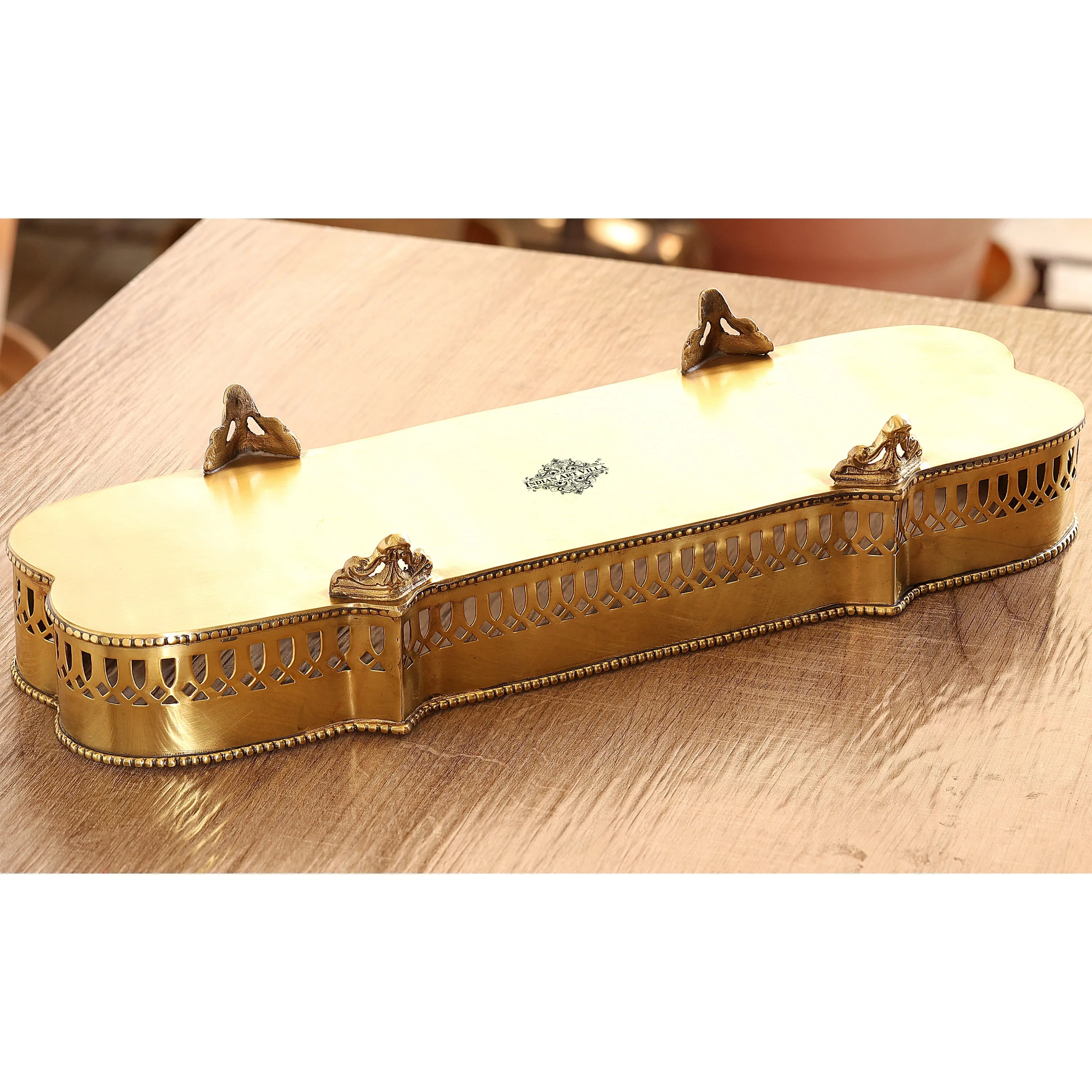 Indian Art Villa Brass Matt Finished Decorative Rectangular Shape Designer Tray 46.23 cmx16.26 cm With 4 Designer Standing Legs