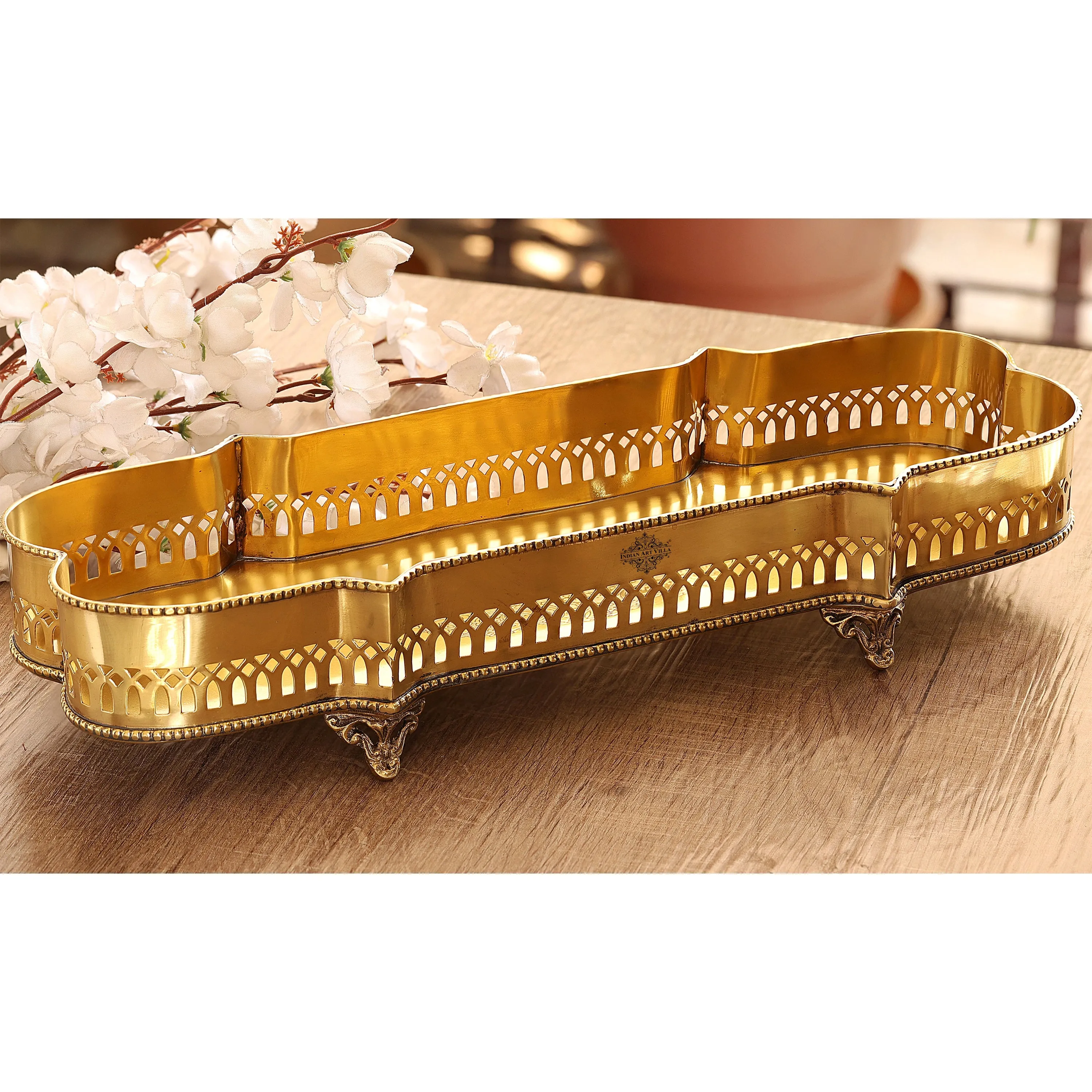 Indian Art Villa Brass Matt Finished Decorative Rectangular Shape Designer Tray 46.23 cmx16.26 cm With 4 Designer Standing Legs