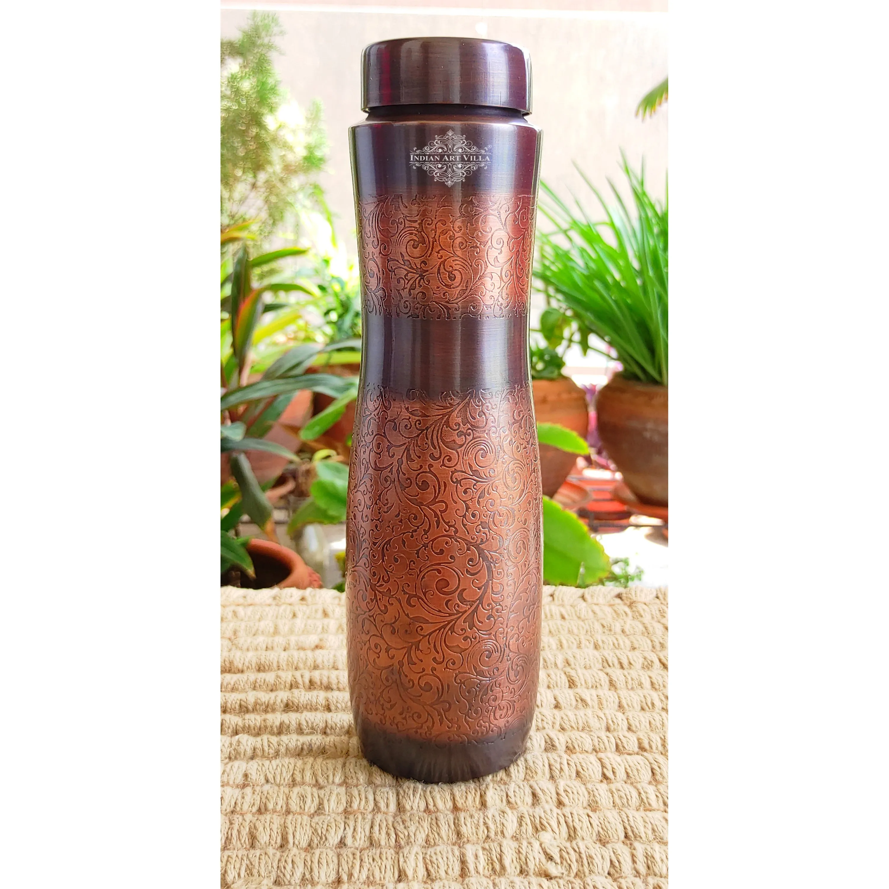 Indian Art Villa Pure Copper Antique Dark Finish Water Bottle with Embossed Design, Volume- 1000 ML