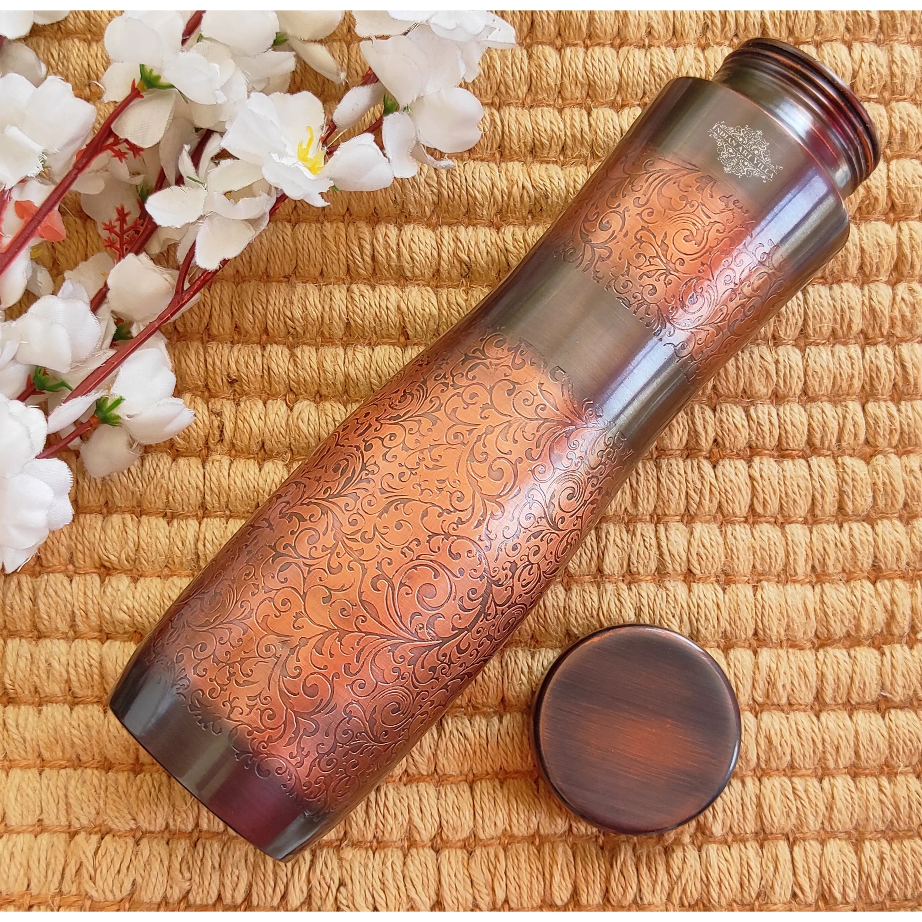 Indian Art Villa Pure Copper Antique Dark Finish Water Bottle with Embossed Design, Volume- 1000 ML