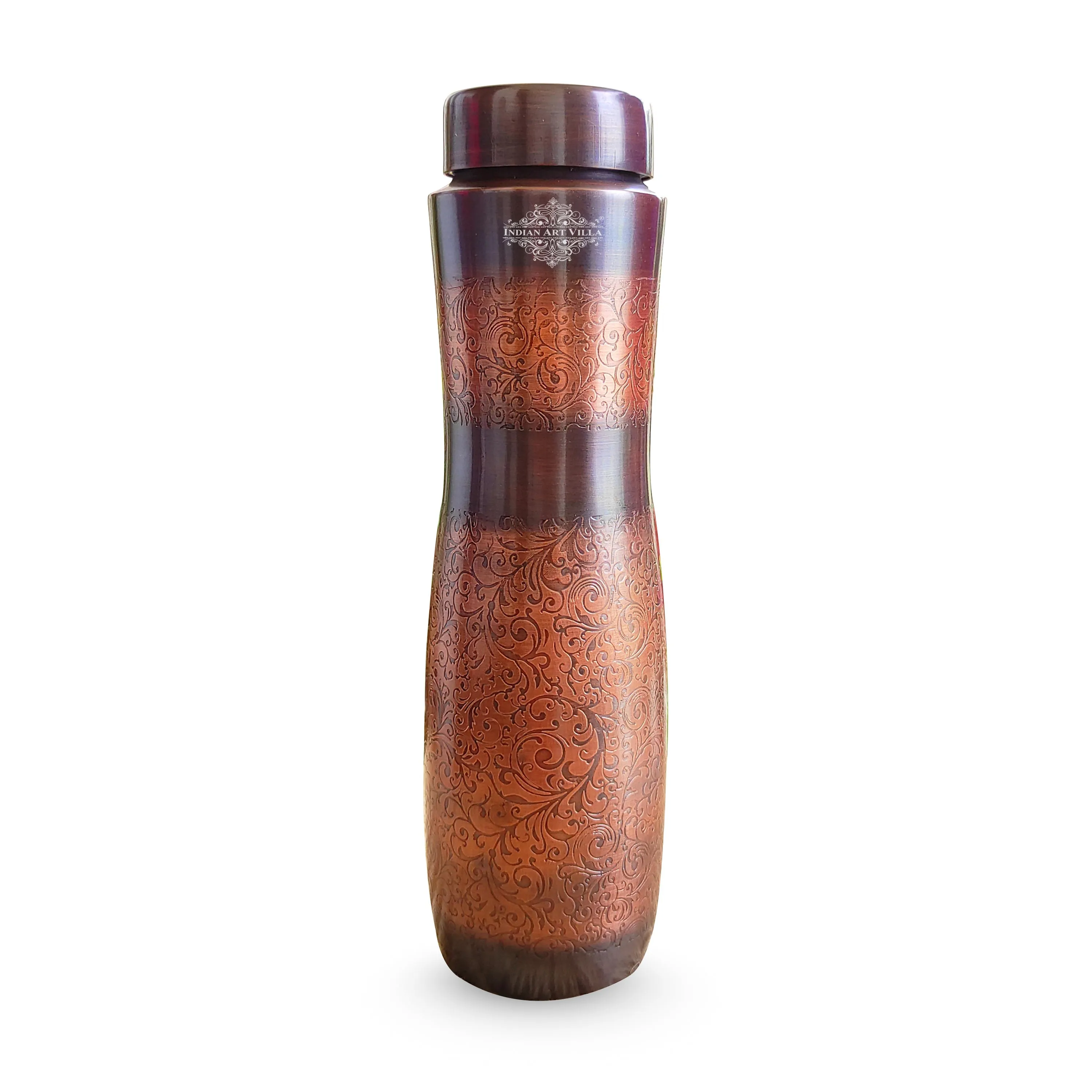 Indian Art Villa Pure Copper Antique Dark Finish Water Bottle with Embossed Design, Volume- 1000 ML