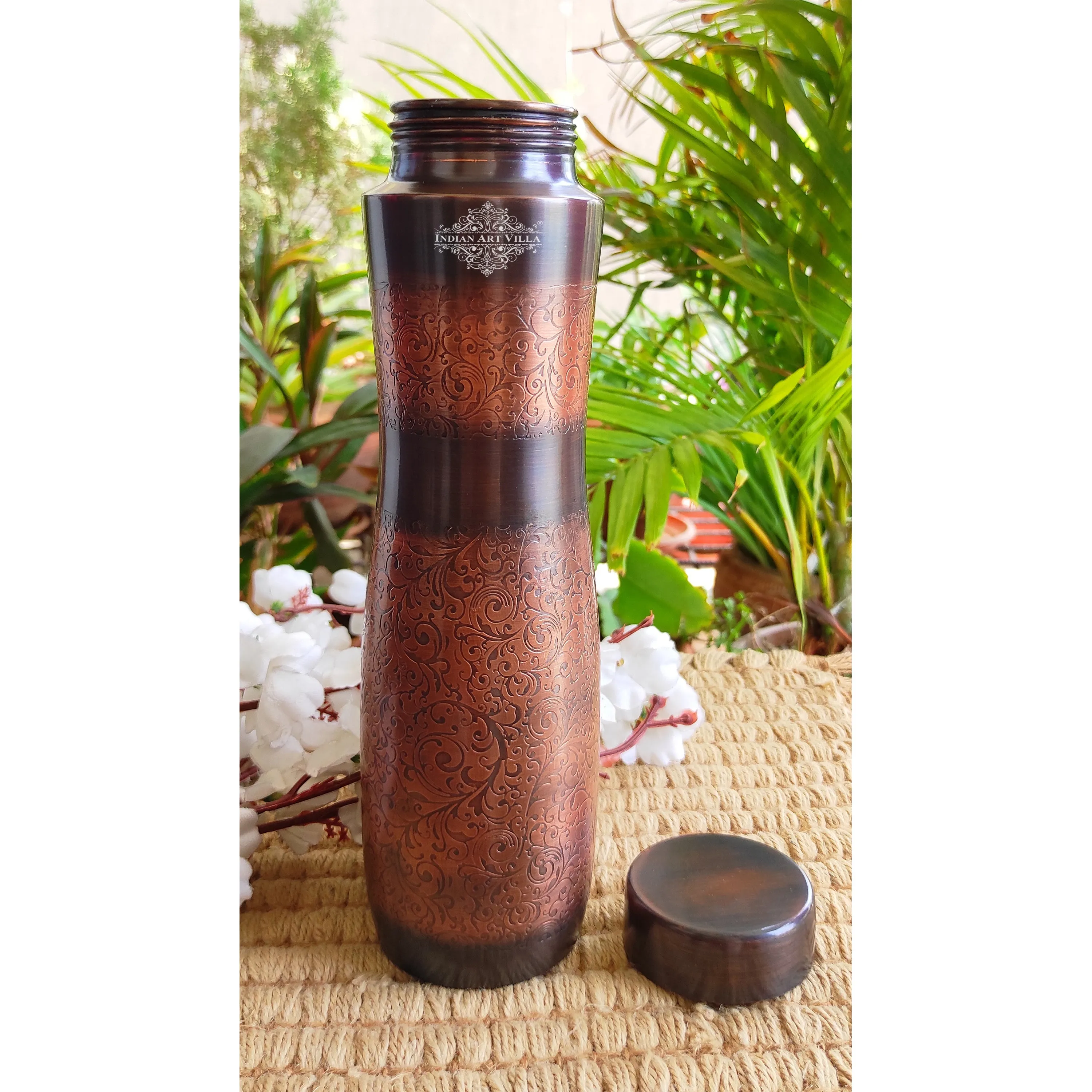 Indian Art Villa Pure Copper Antique Dark Finish Water Bottle with Embossed Design, Volume- 1000 ML