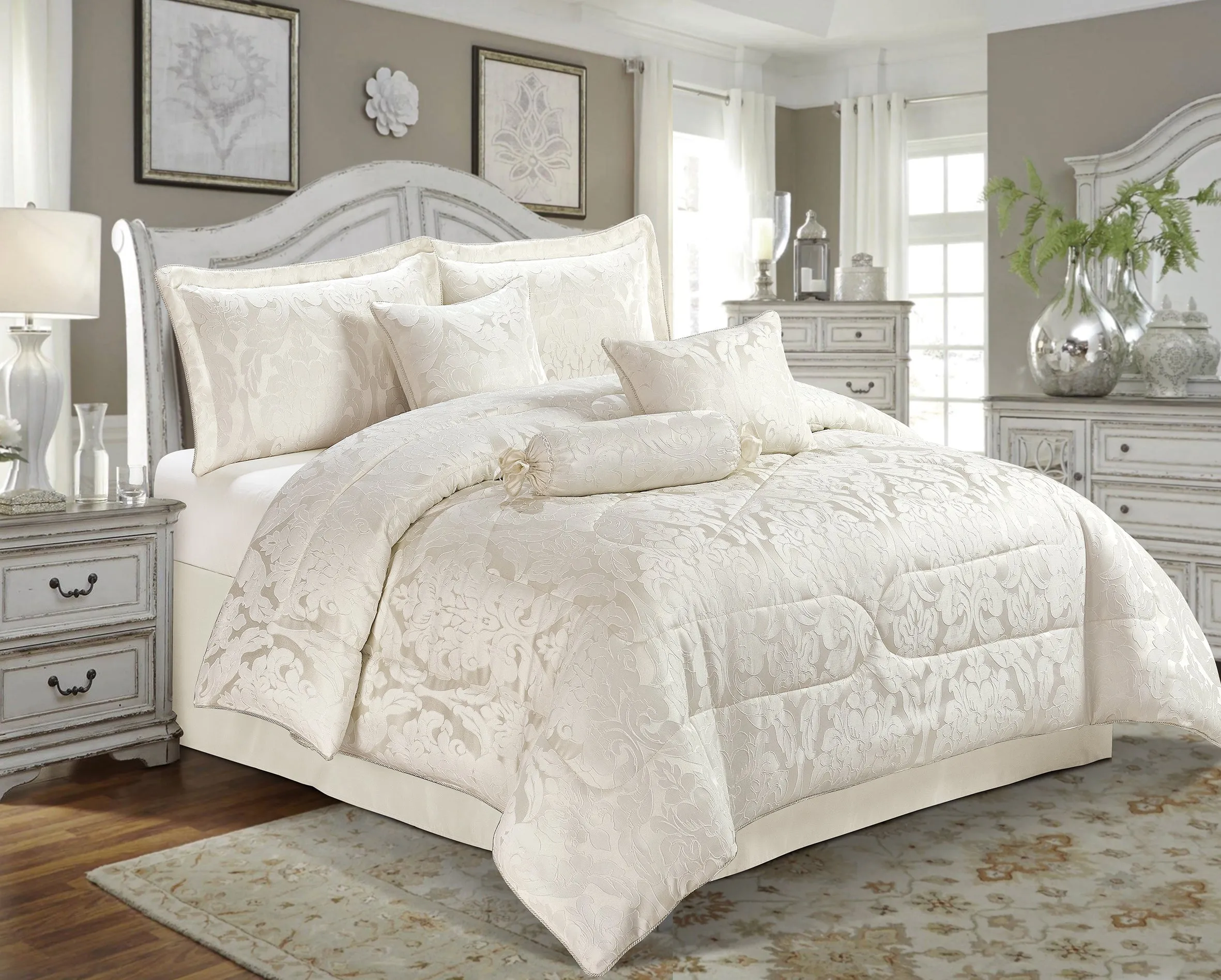 Jacquard Bedspread 7 Piece Quilted Bedding Set Bed Skirt Pillow shams & Cushion Covers (Lucy Cream)