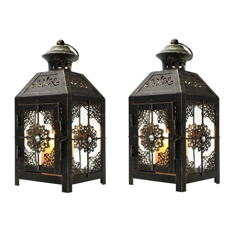 JHY DESIGN Set of 2  Decorative Candle Lantern 9.5" High Metal Candle Lantern